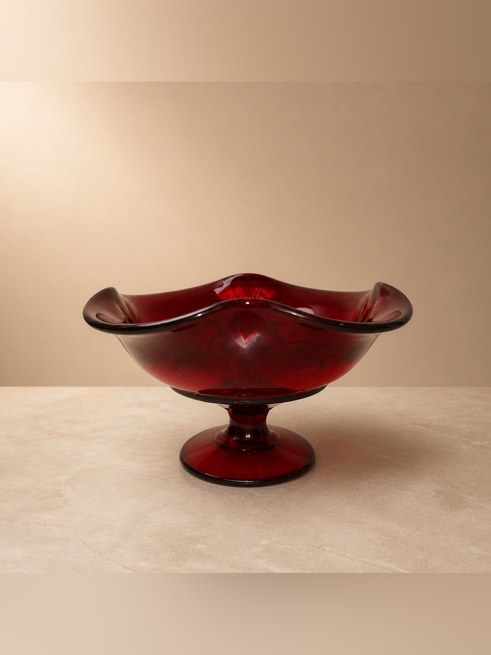 Viking Glass Ruby Red Ambrina Shine 4 Point Pedestal Ruffle Dish